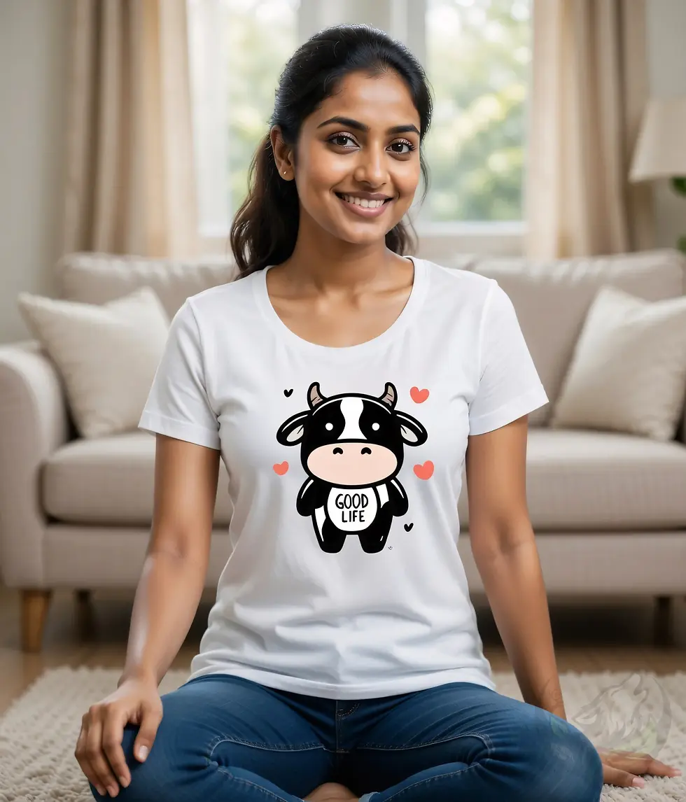 Thumbnail: White scoop‑neck tee with the “Good Life” cow design worn in a living‑room setting.