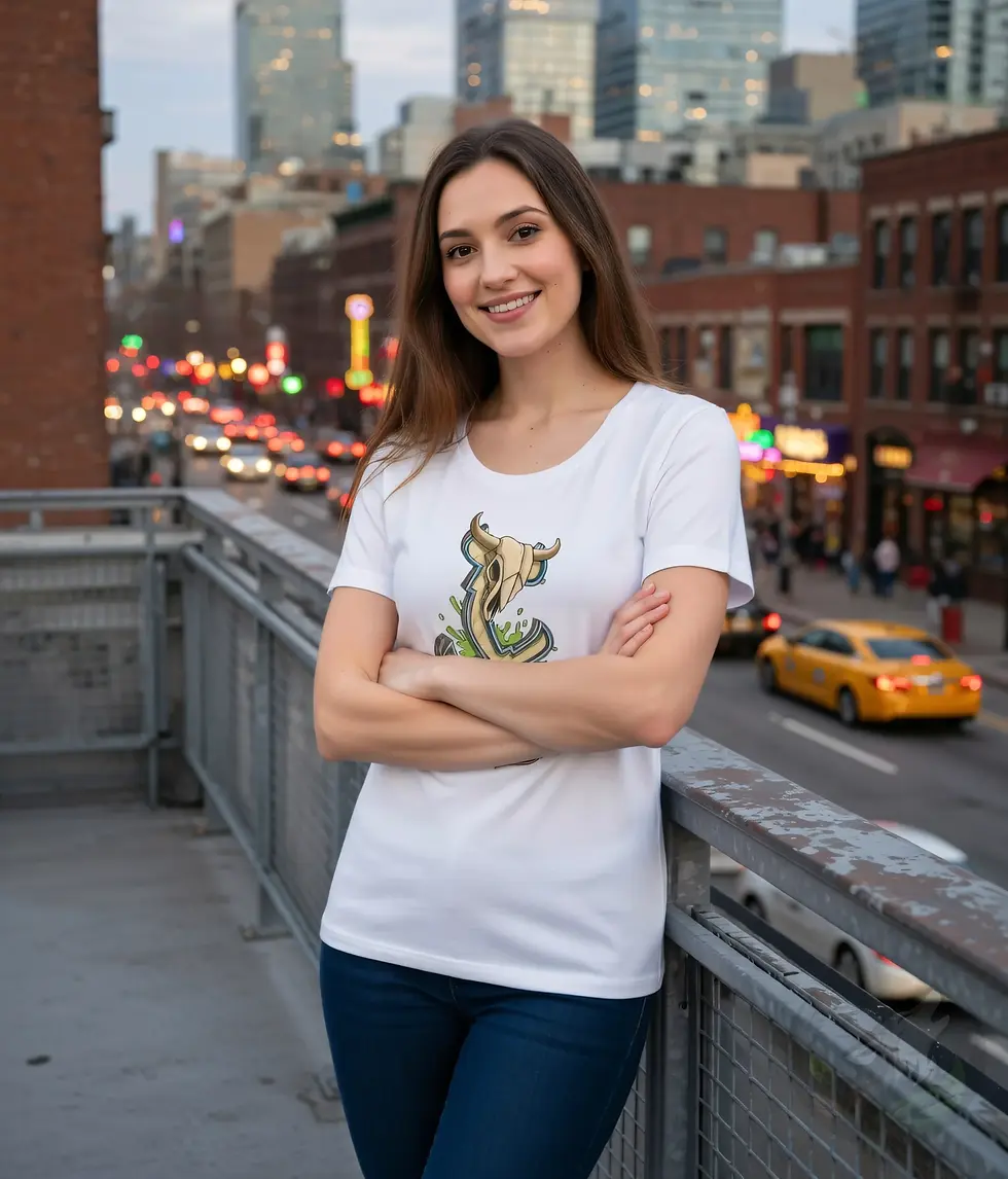 Thumbnail: Woman on a city balcony wearing a white scoop neck tee featuring Def P’s Twisted Cross skull artwork