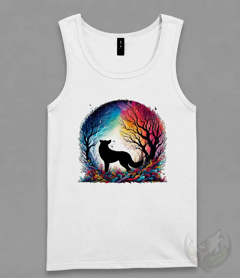 White men’s tank top with colorful wildlife wolf and tree design.