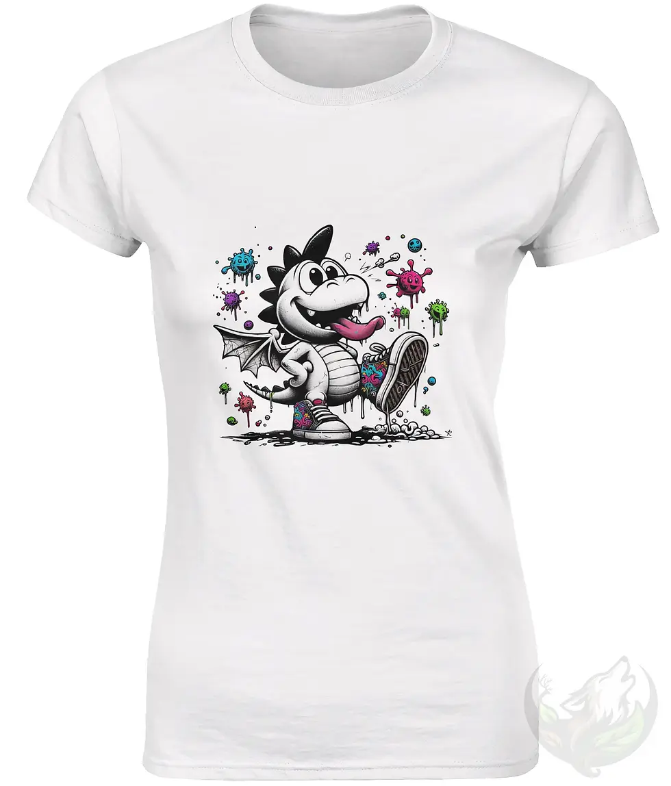 Miniaturbild: White fitted t-shirt with cartoon dragon sticking out tongue, stepping on colorful germs, wearing sneakers and cap.
