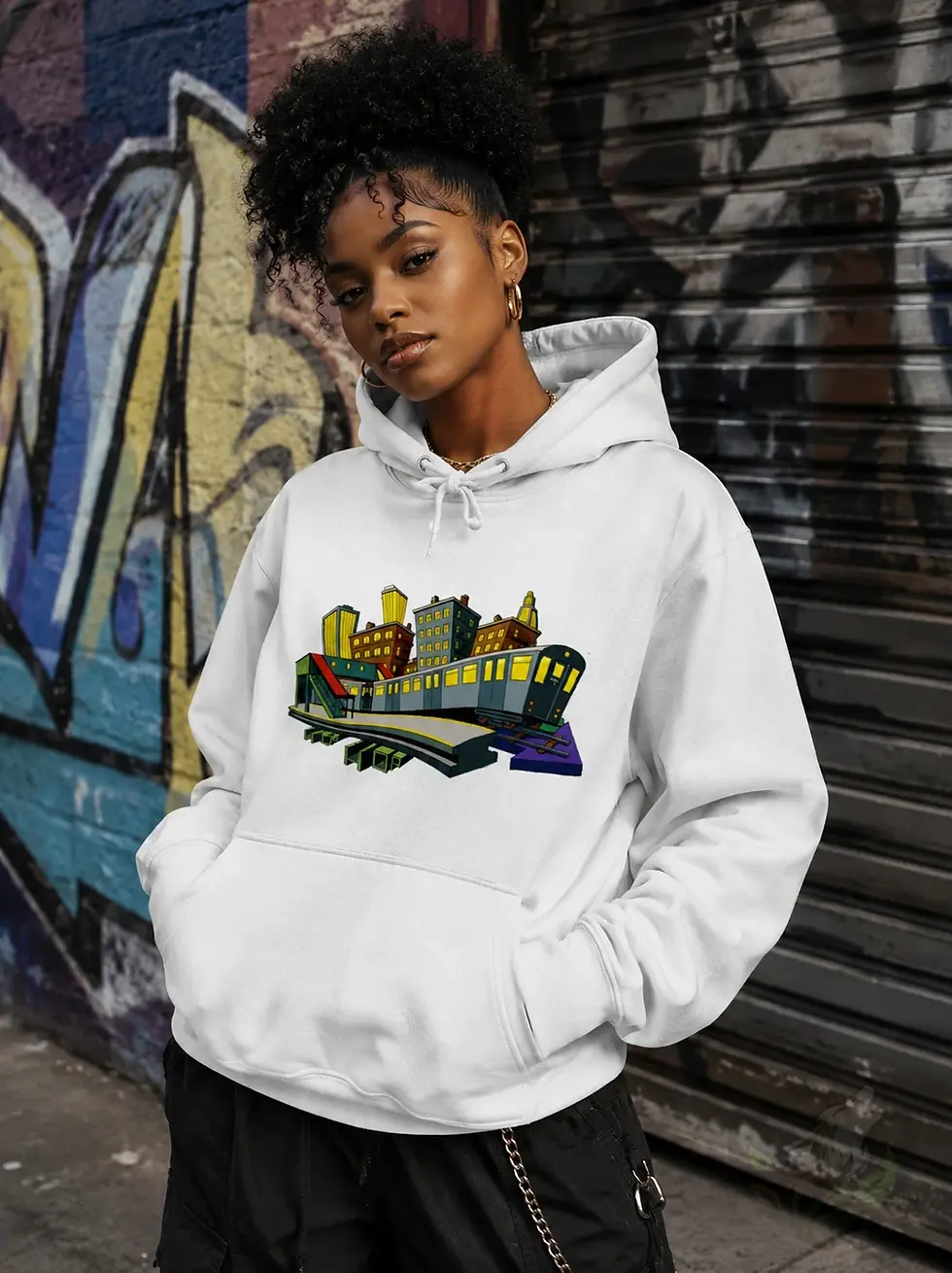 Thumbnail: Woman wearing a white unisex hoodie with the DefP NY Subway graphic, posing in front of a colourful graffiti wall.