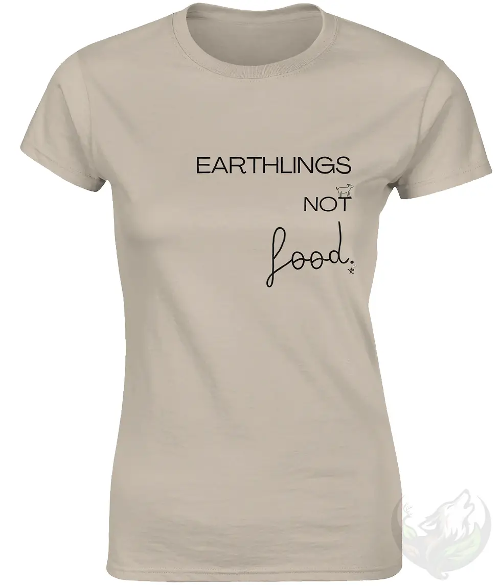 Thumbnail: Beige fitted tee with the Vegan Quotes “Earthlings Not Food” design shown in a clean studio view.