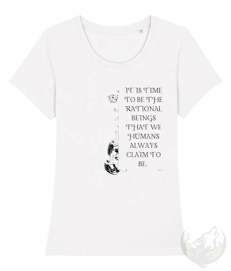 Thumbnail: White wide‑neck women’s shirt featuring the vegan quote “Rational Beings …” design.