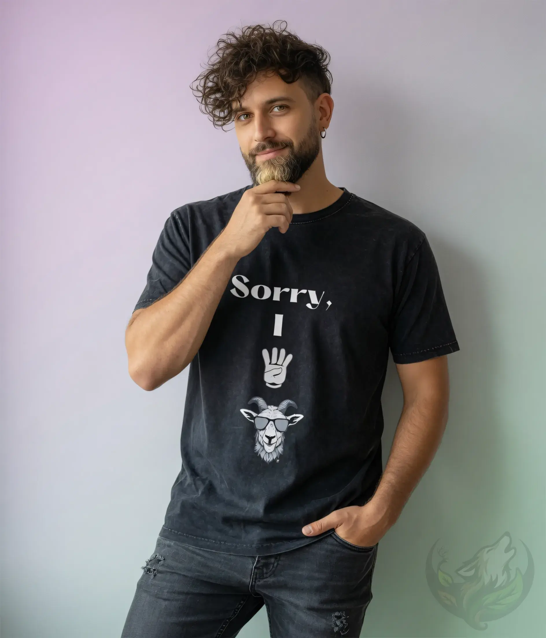 Men’s black unisex shirt with funny Sorry I 4 goat print, casual studio fashion with goat humor