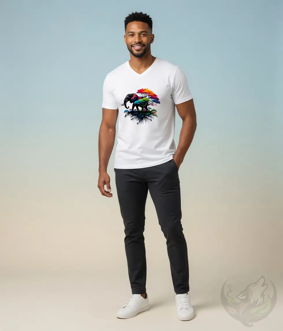 Thumbnail: White V-neck t-shirt on smiling man with short black hair in studio, colorful elephant rainbow tree graphic.