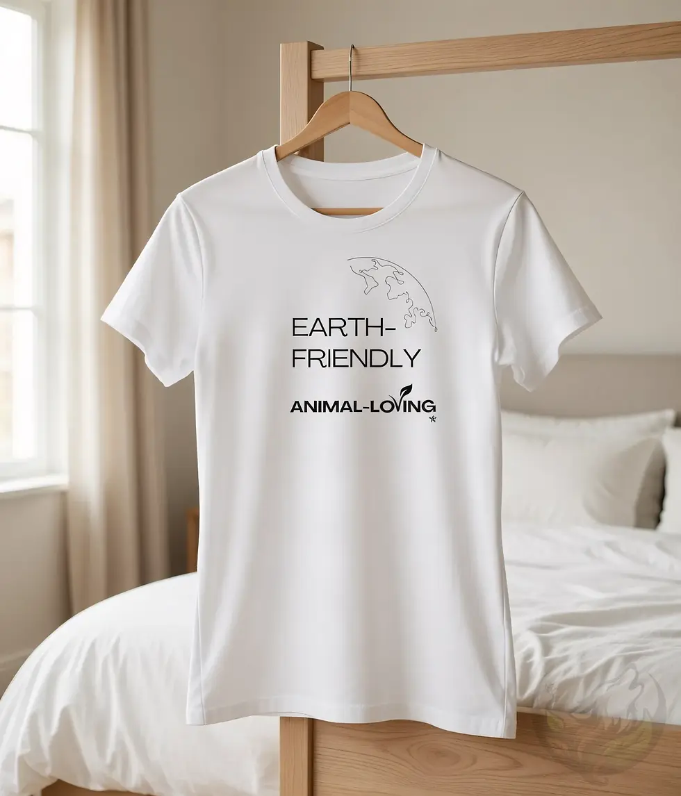Thumbnail: White shirt on a wooden hanger with a globe outline and the text “Earth‑friendly, animal‑loving,” displayed in a bedroom sett