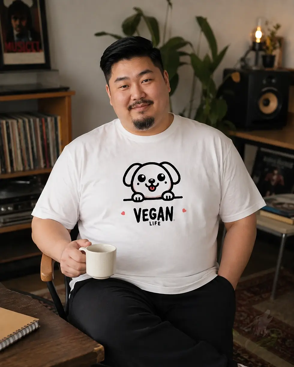 Male lifestyle photo of a man sitting indoors holding a mug while wearing a white extended sizes Vegan Life Dog T‑shirt in a