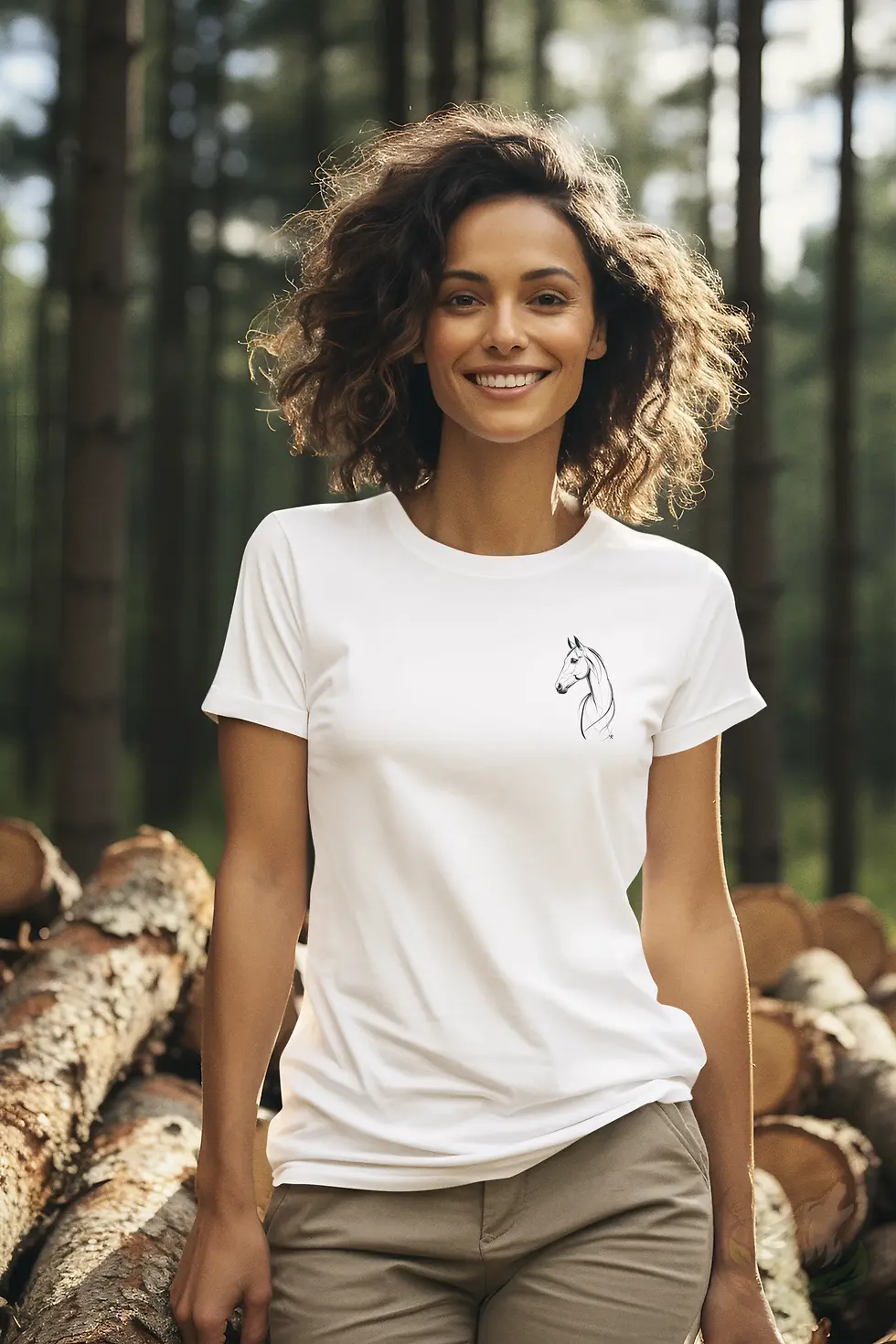Woman smiling in a forest wearing a white fitted t-shirt with a minimalist horse design on the left chest.