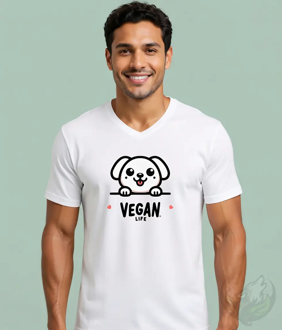 Thumbnail: White V-neck unisex t-shirt on smiling man, playful cartoon dog peeking with "VEGAN LIFE" text and hearts.