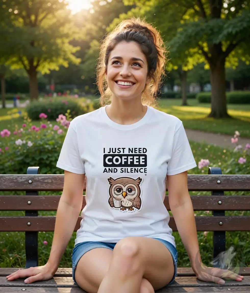 Thumbnail: Woman wearing white fitted t-shirt with cute sleepy owl and "I just need coffee and silence" humorous design.