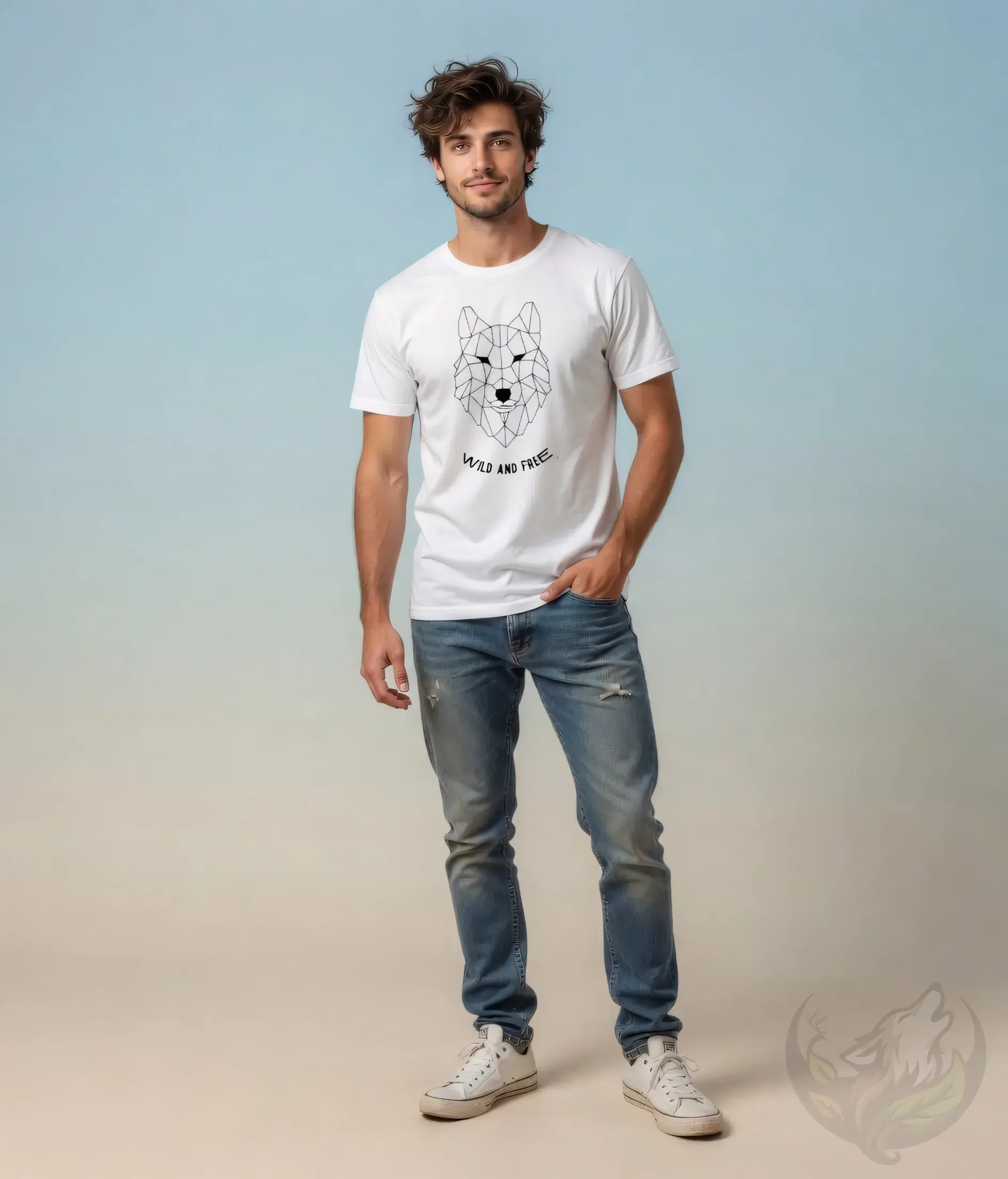 White unisex t-shirt worn by smiling man with wavy hair, geometric wolf "Wild and Free" design.