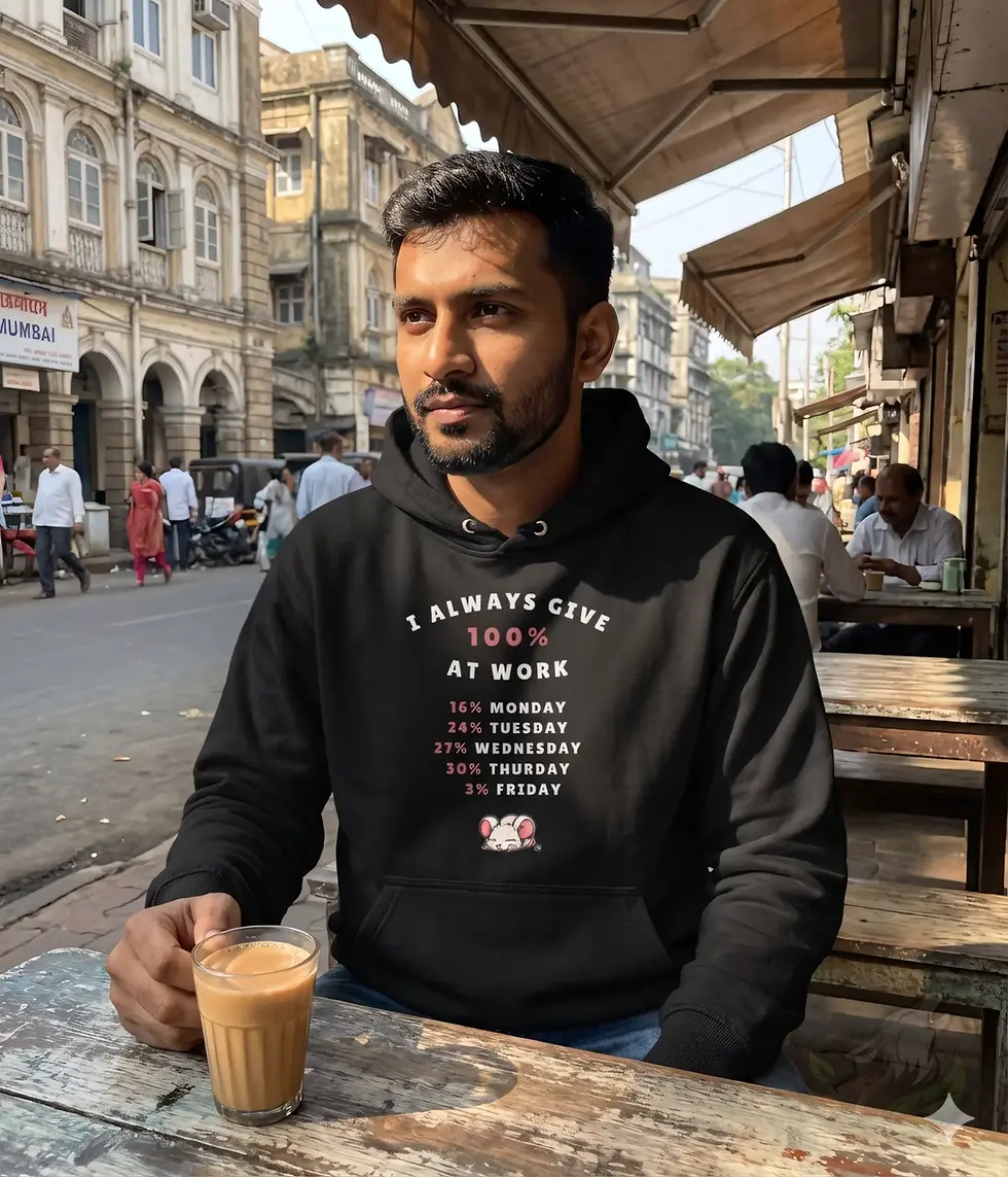 Man wearing black unisex hoodie with I Always Give 100 Percent At Work funny mouse design at café