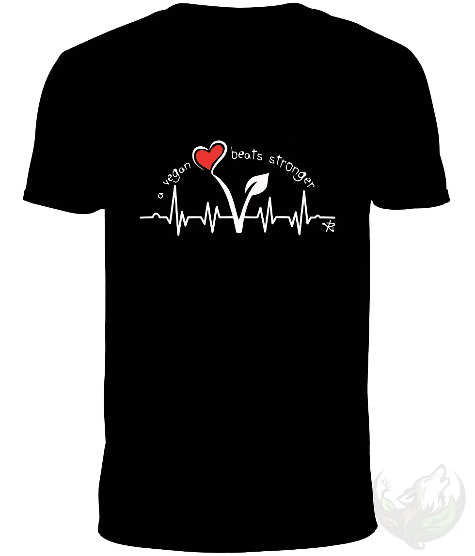 Thumbnail: Black V-neck unisex t-shirt flat lay with "A vegan heart beats stronger" heartbeat & plant design.