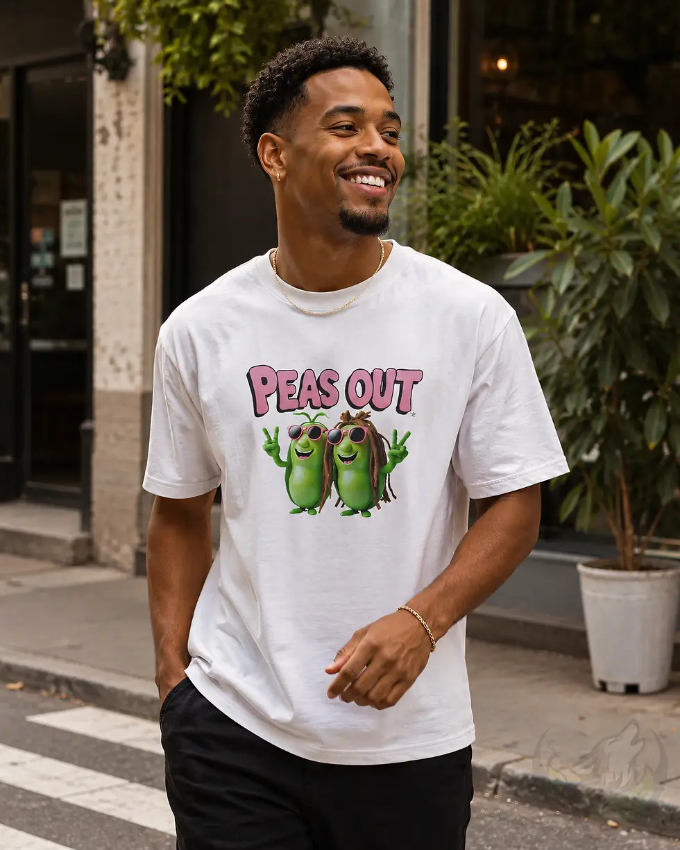 Thumbnail: Man walking in Peas Out funny food pun unisex white graphic t-shirt outdoors
