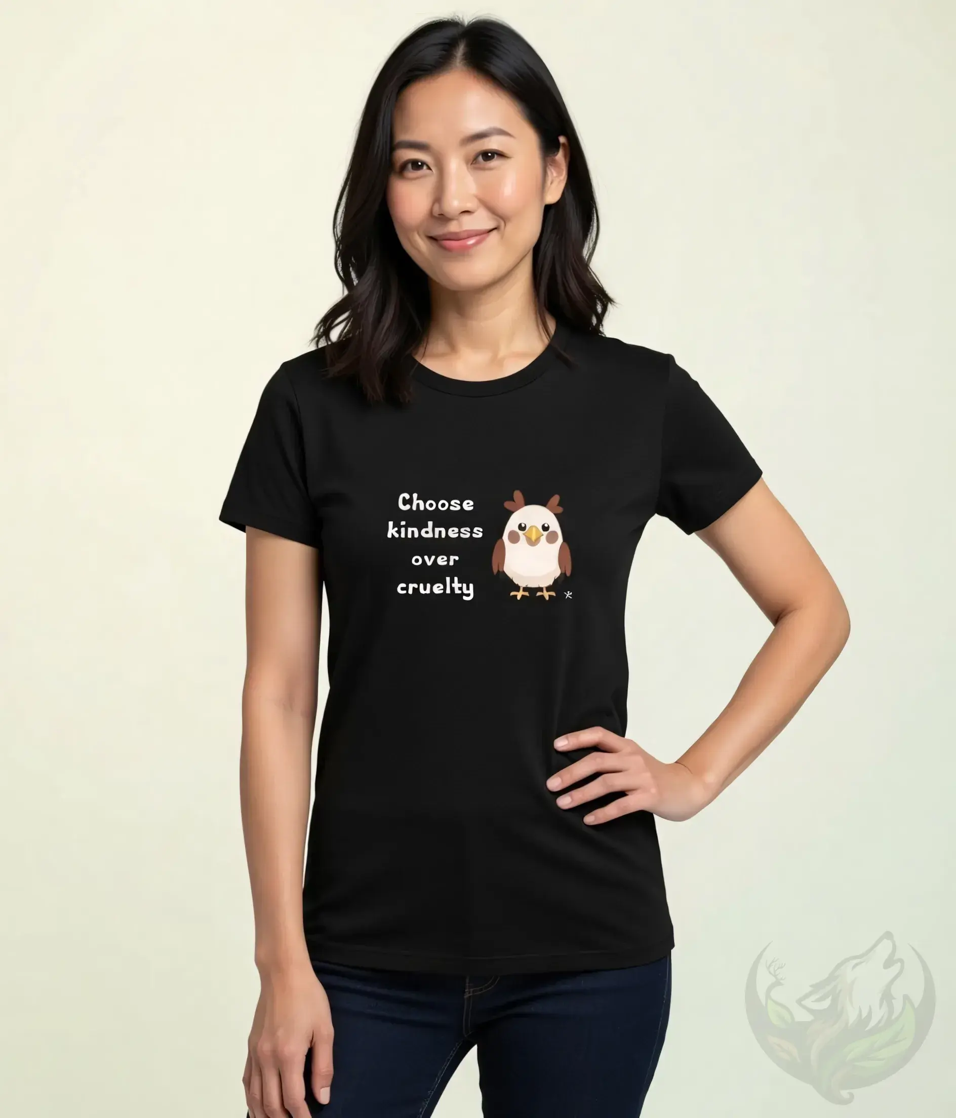 Black fitted tee featuring the Vegan Quotes “Choose Kindness Over Cruelty” bird design worn indoors.