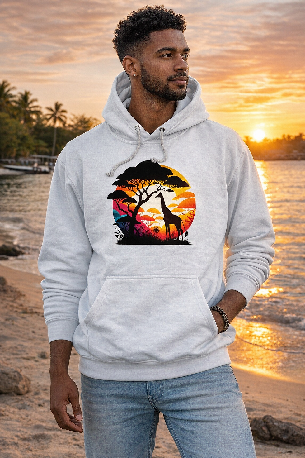 Thumbnail: Man wearing a soft heavyweight hoodie with the Colorful Giraffe artwork