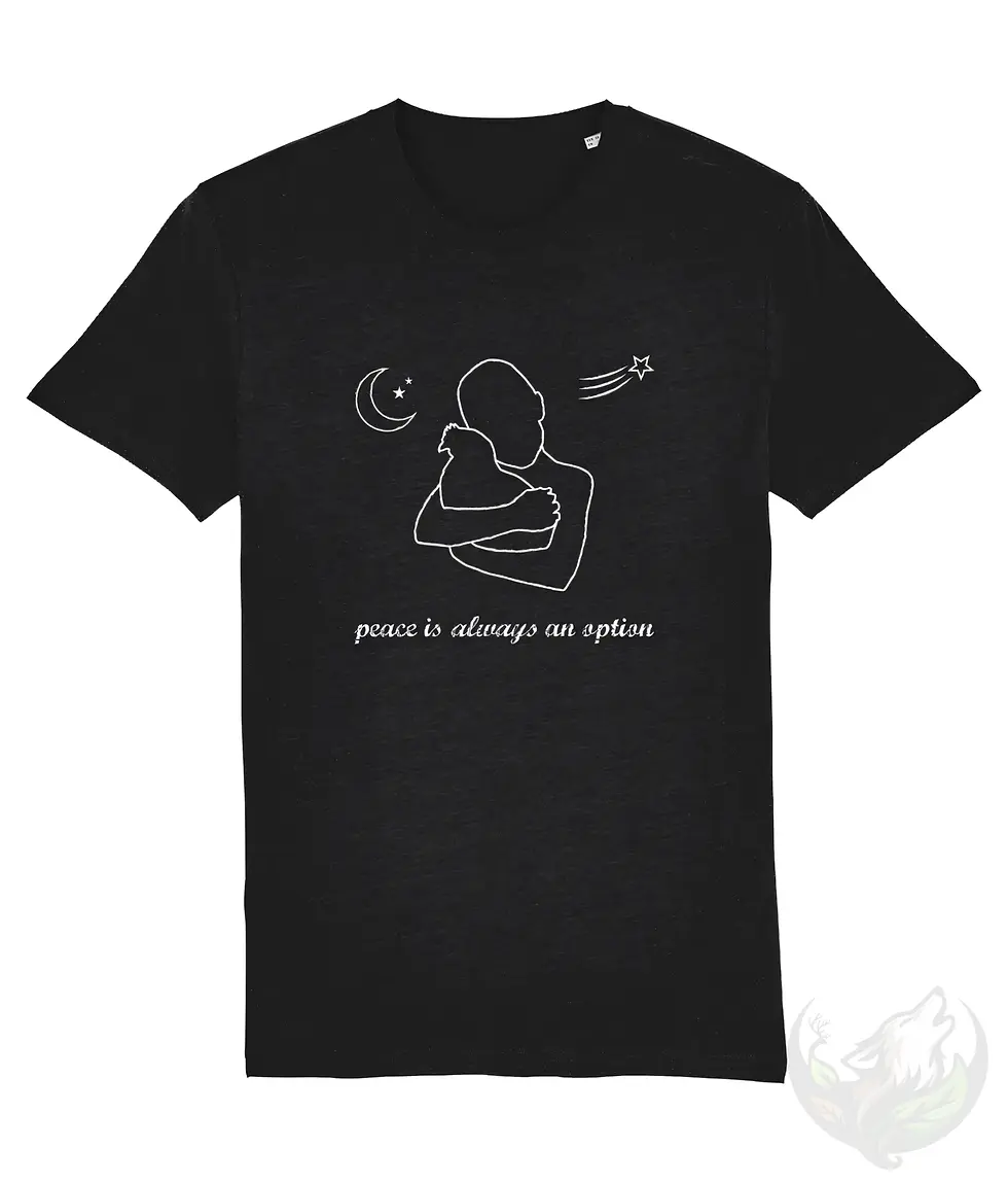 Thumbnail: Black Peace Is Always An Option shirt with a white outline design of two people embracing, a crescent moon, stars, and the wo