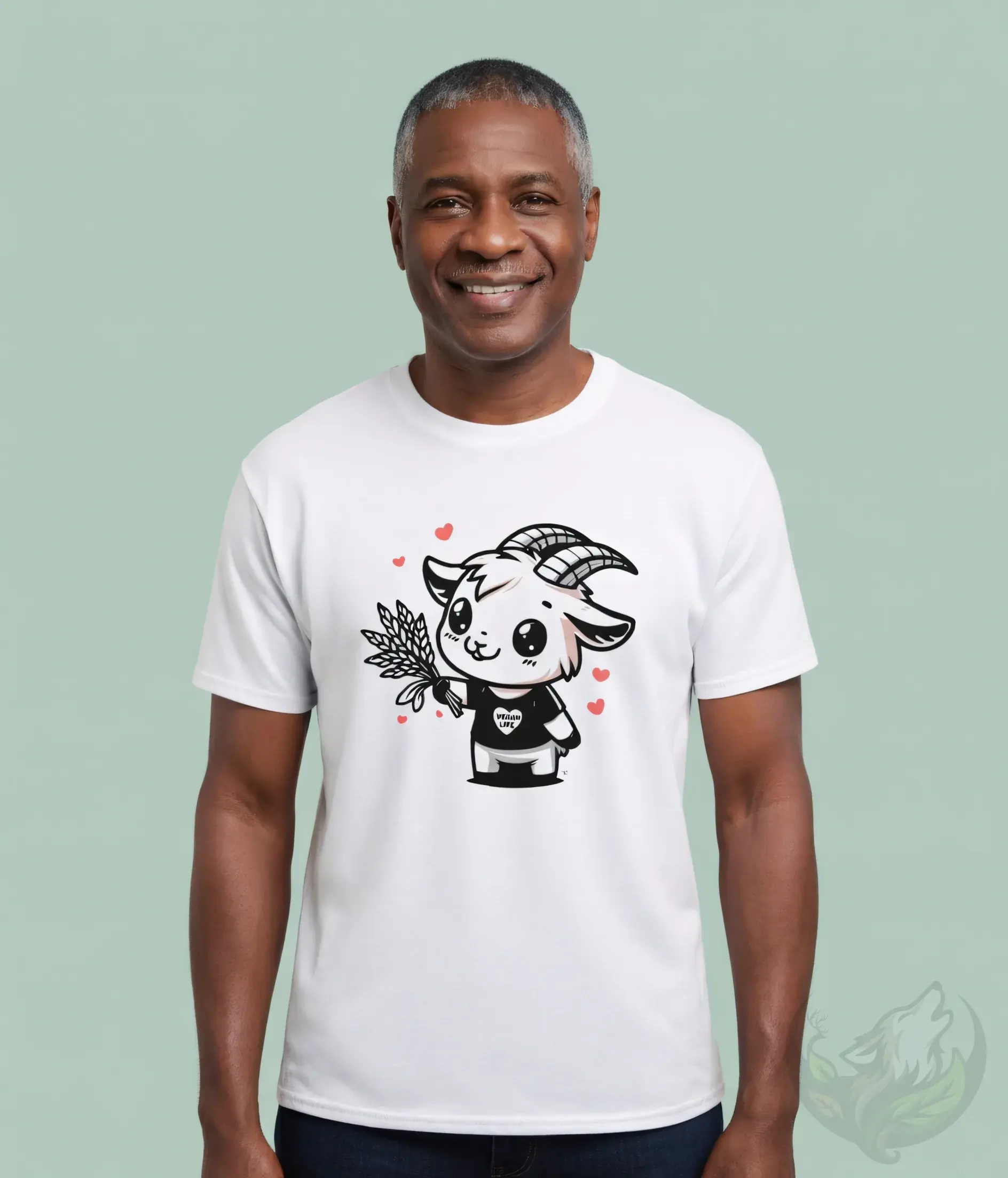 Man smiling in white unisex t-shirt featuring adorable cartoon goat with wheat and "VEGAN LIFE" design.