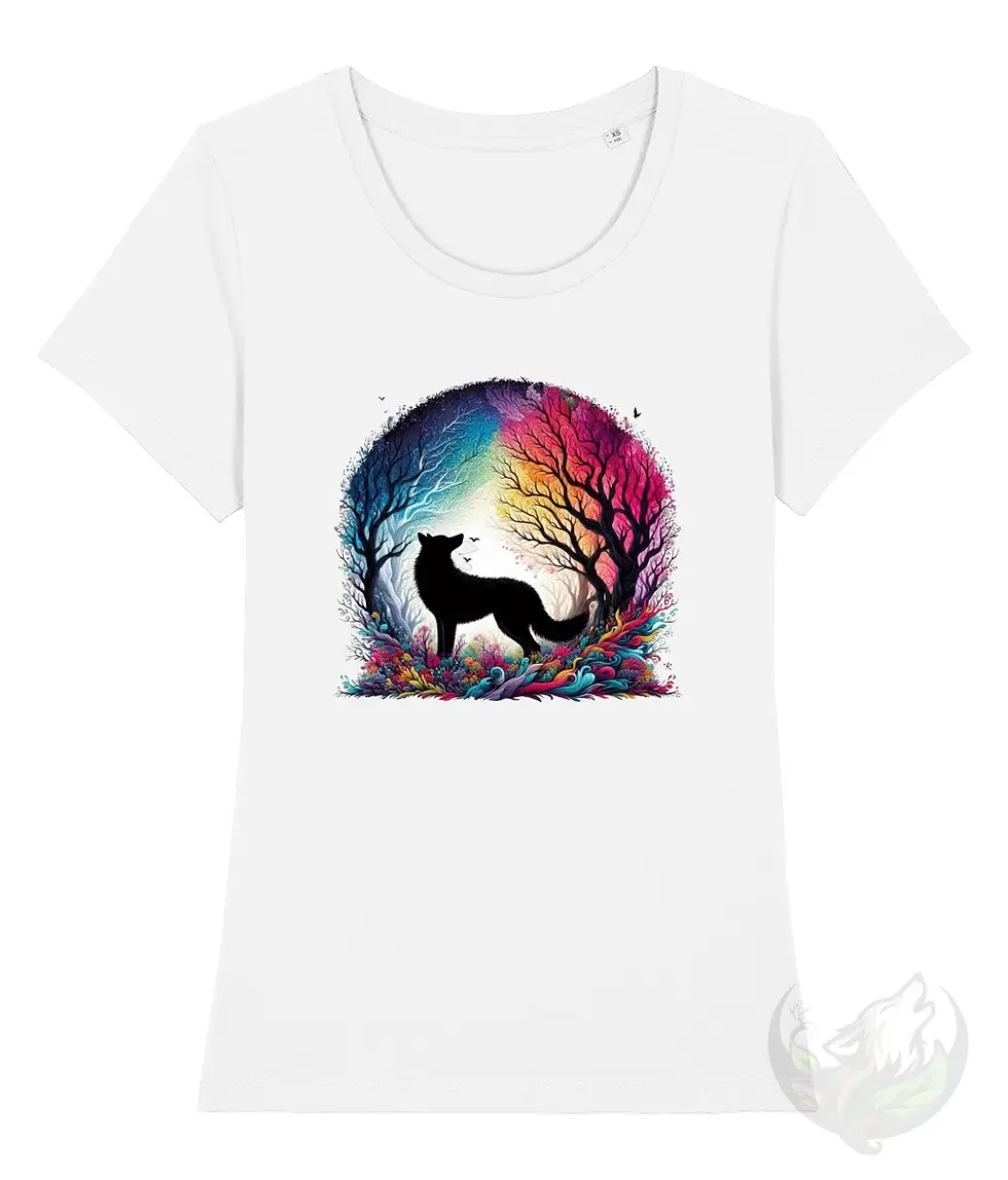Thumbnail: White scoop neck tee with colorful wolf illustration shown on a crisp, professional mockup background.