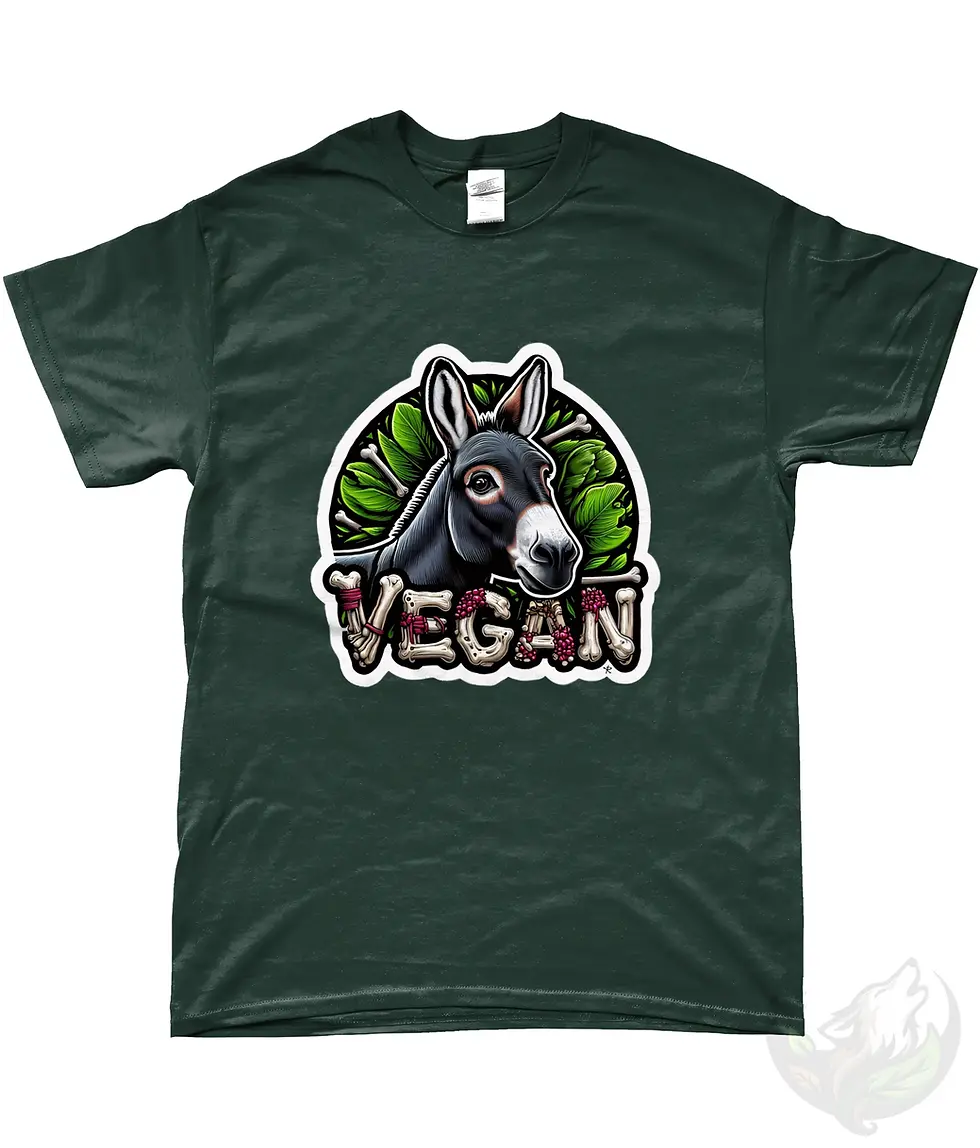 Thumbnail: Forest green unisex t-shirt flat lay with "Vegan" donkey skull bones dark side design.