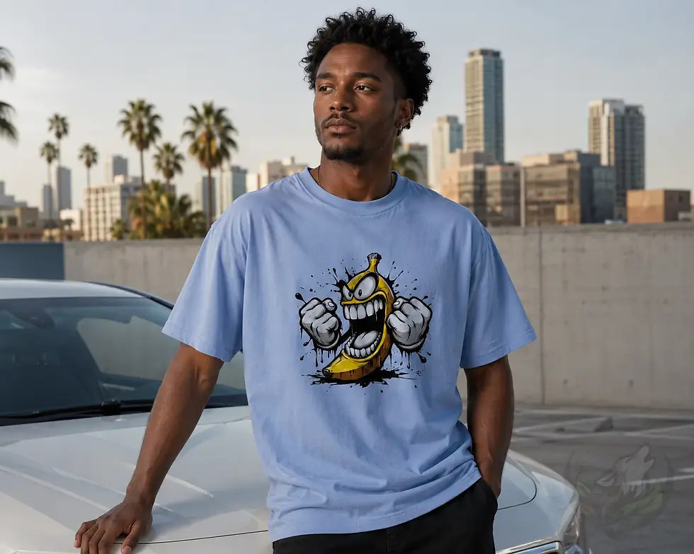 White unisex graffiti angry banana shirt worn in city scene with funny cartoon banana design