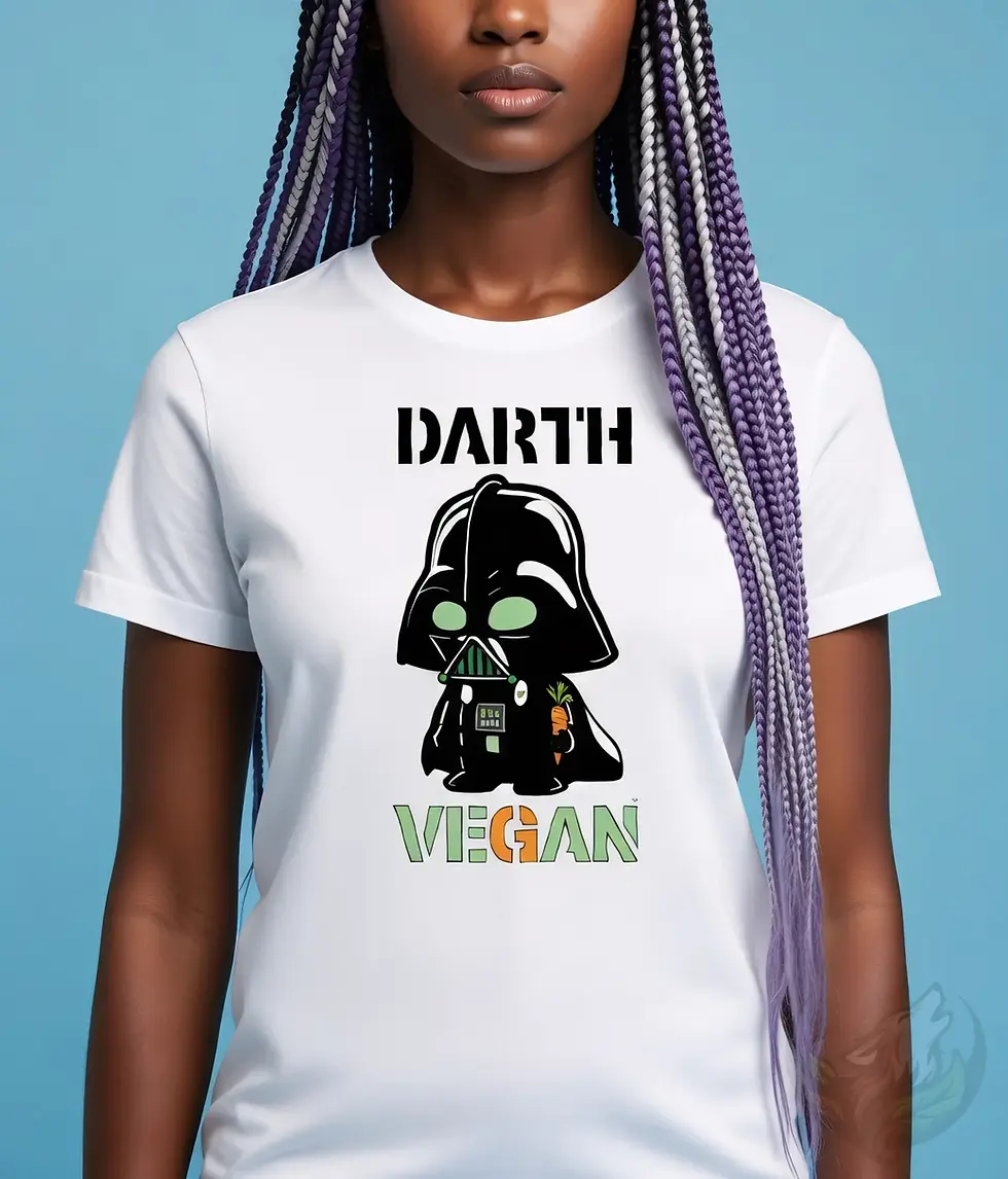 Green‑eyed Darth Vader cartoon holding carrots on a white tee, a fun vegan parody blending Star Wars humor and plant‑based st
