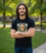 Black unisex t-shirt on smiling man with curly hair in a park, "Vegan" chick spooky dark side graphic.