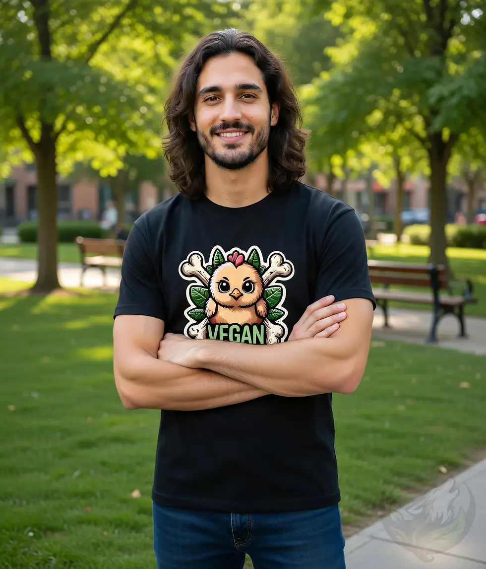 Black unisex t-shirt on smiling man with curly hair in a park, "Vegan" chick spooky dark side graphic.