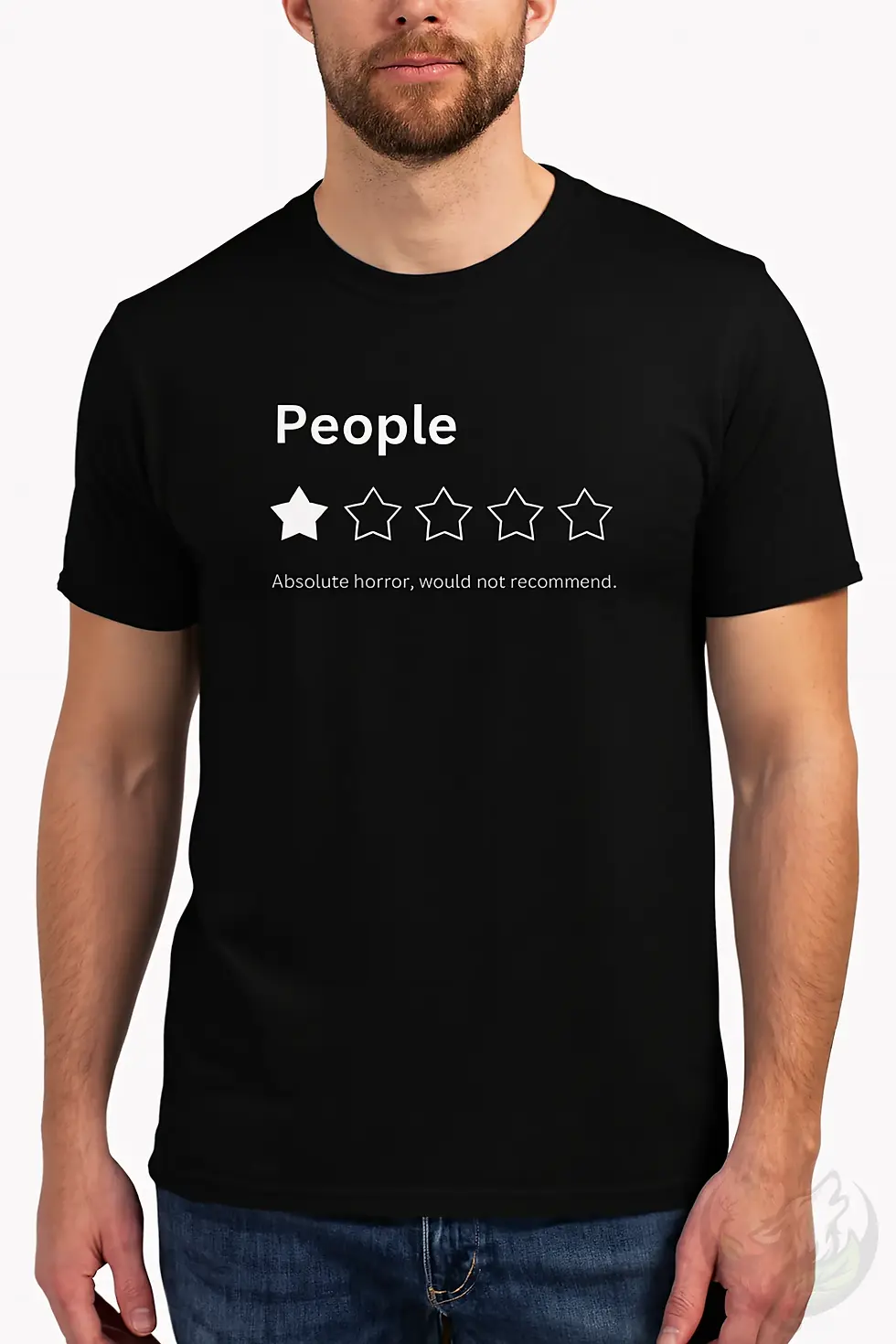 Thumbnail: Man wearing black unisex people review T-shirt, funny anti-social design shown in everyday crowd scene