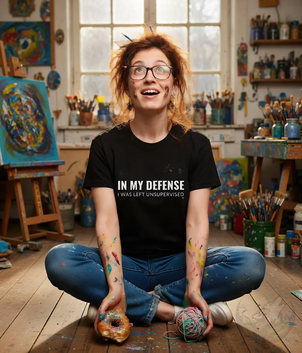 Thumbnail: Woman sitting cross-legged in art studio wearing black fitted t-shirt saying "IN MY DEFENSE I WAS LEFT UNSUPERVISED."
