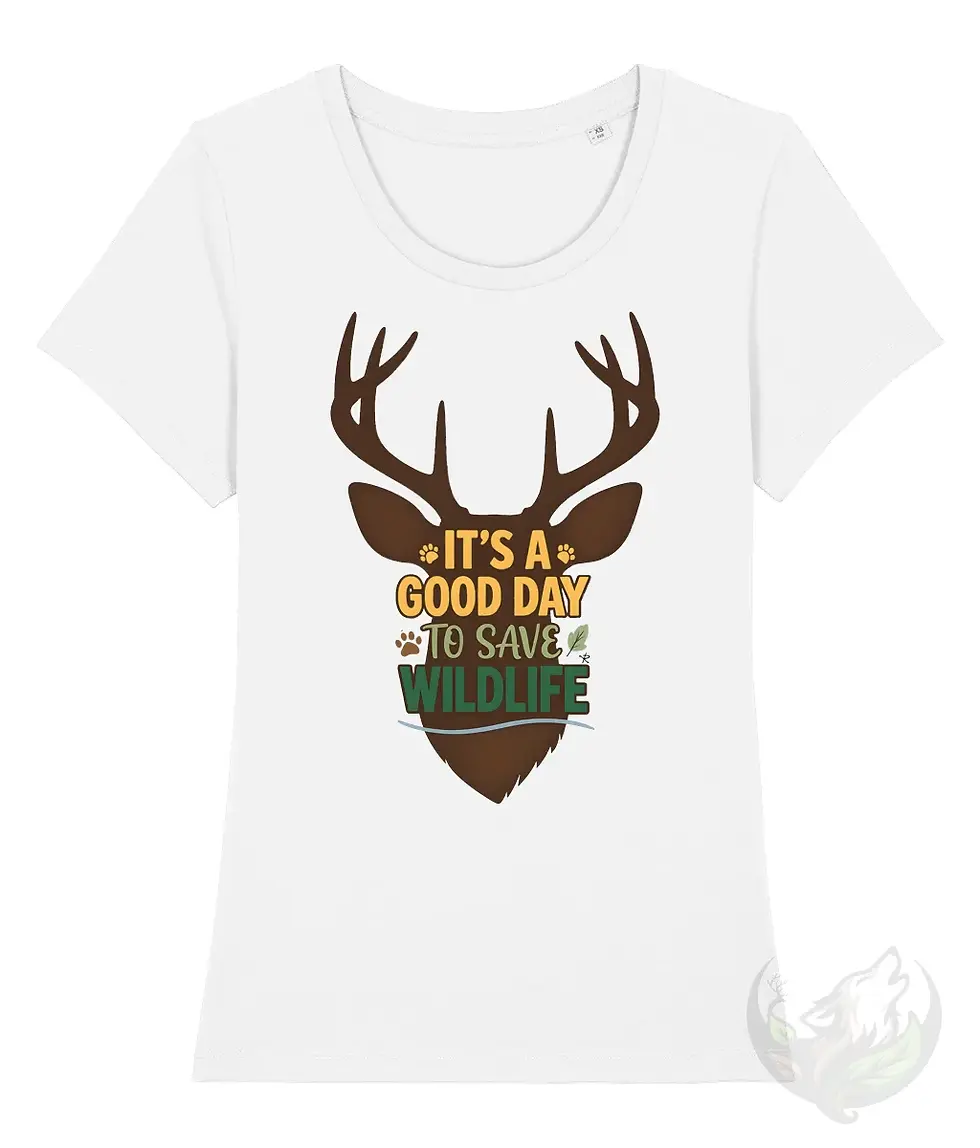 Thumbnail: White scoop neck tee displaying a deer head graphic with bright motivational wildlife text.