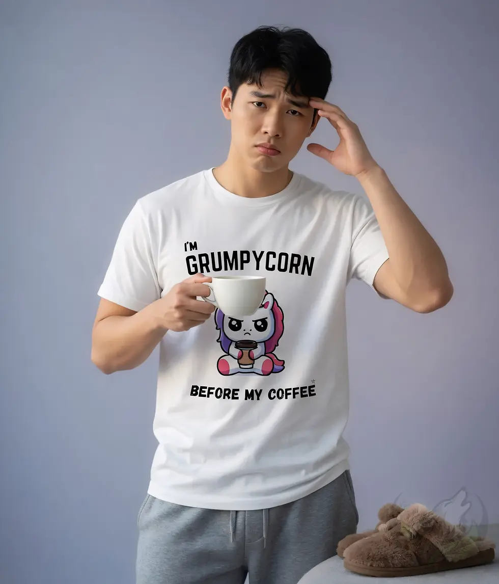 Man wearing white Grumpycorn T-shirt in studio holding coffee with sleepy morning expression