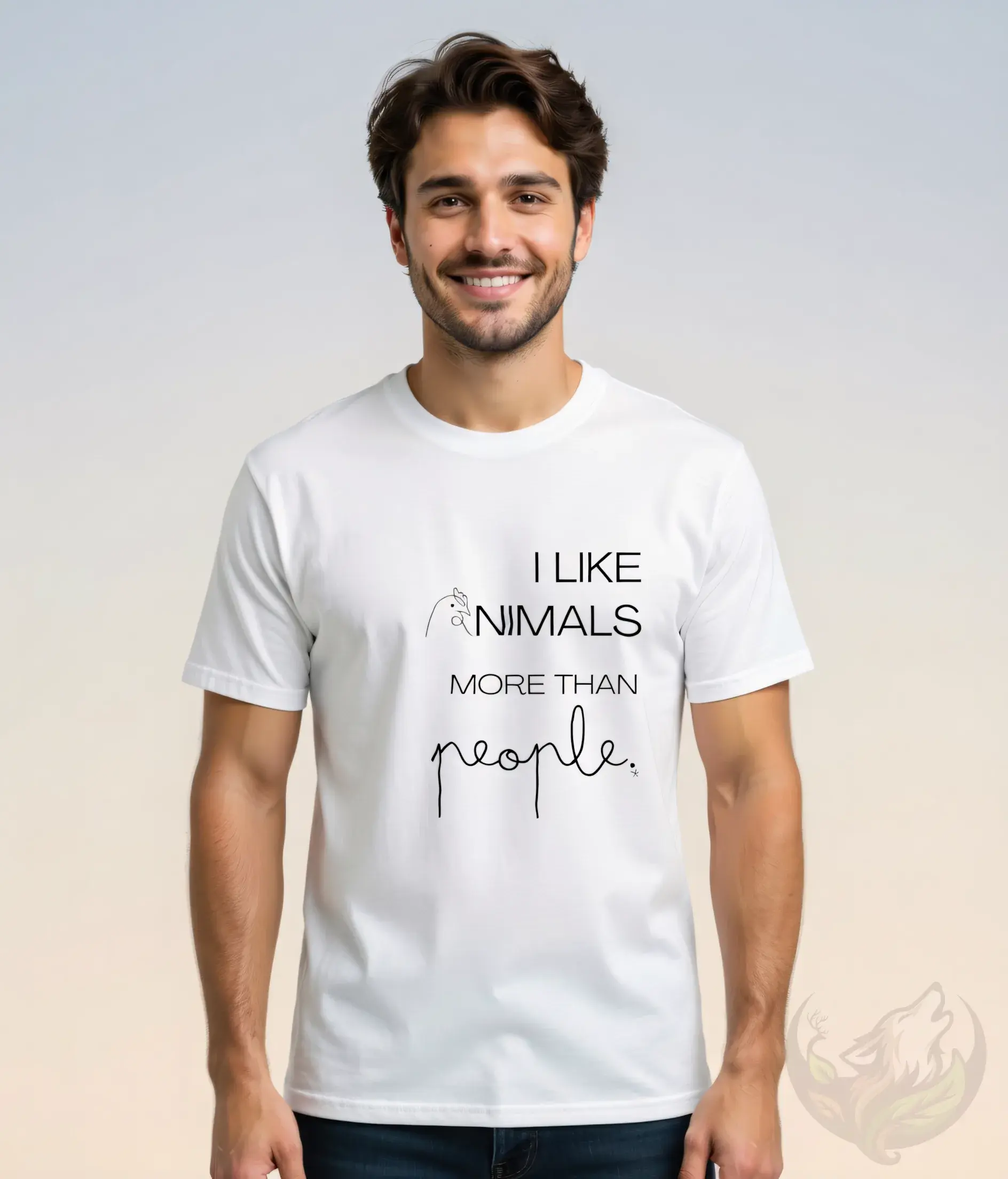 White unisex t-shirt worn by smiling man with brown hair, "I Like Animals More Than People" clean vegan quote design.