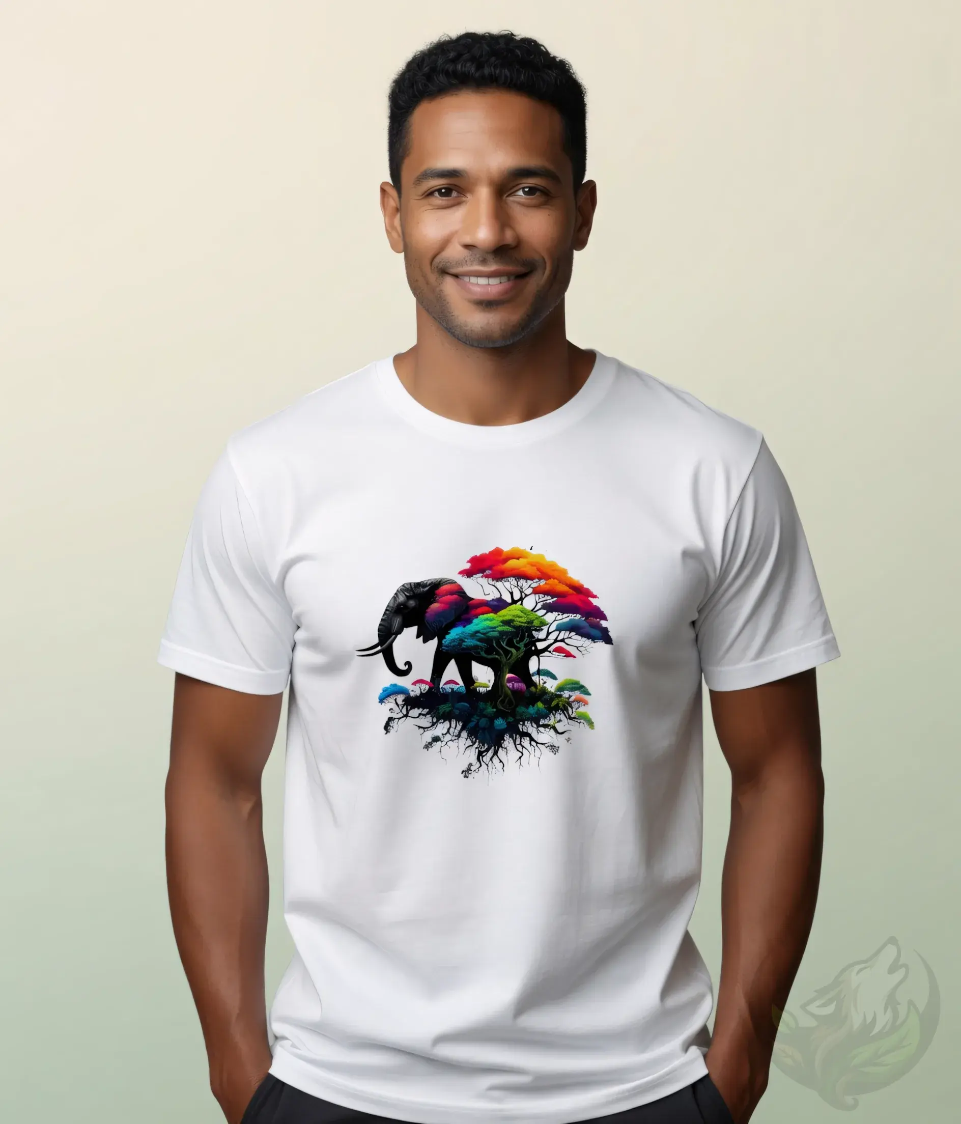 White unisex t-shirt on smiling man with short black hair, colorful rainbow tree and elephant design.