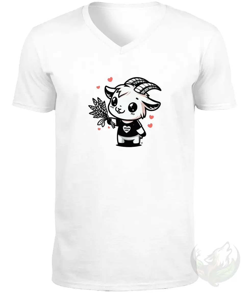 Thumbnail: White V-neck t-shirt with cute cartoon goat holding wheat, wearing "VEGAN LIFE" shirt and red hearts.