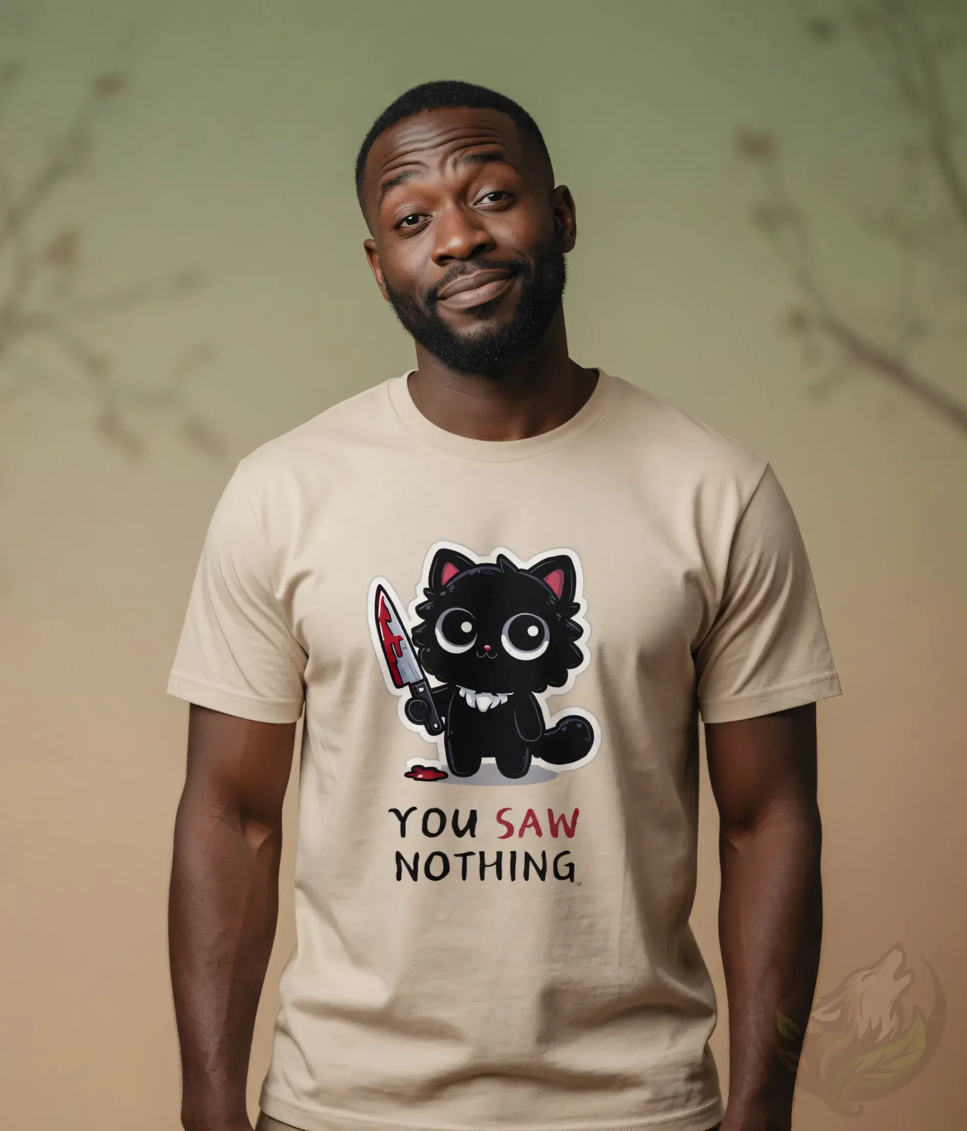 Black man wearing natural unisex “You Saw Nothing” cat graphic t-shirt in studio portrait