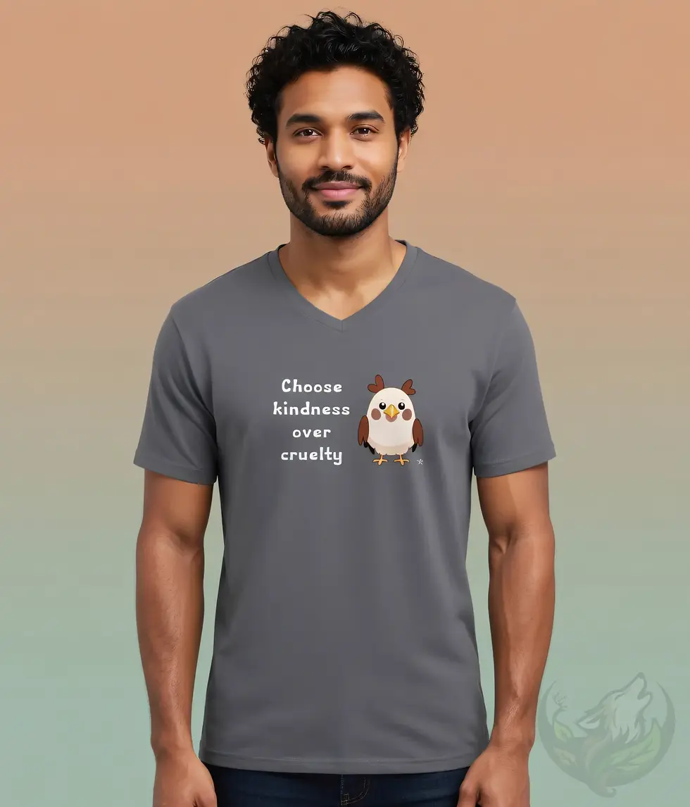 Thumbnail: Sports grey V-neck unisex t-shirt worn by smiling man with dark hair, "Choose kindness over cruelty" adorable chick vegan des