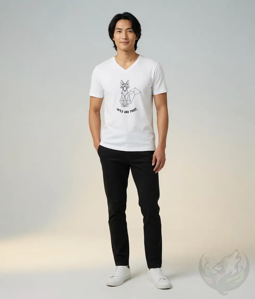 Thumbnail: White V-neck t-shirt on smiling man with dreadlocks, geometric fox "Wild and Free" design.