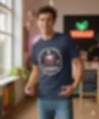 Navy unisex t-shirt worn by smiling man, "Vegan" cute pig skull spooky cartoon.