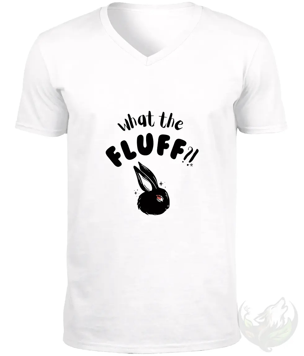 Thumbnail: Men’s white V-neck “What the Fluff?!” bunny graphic t-shirt flat lay with funny animal print