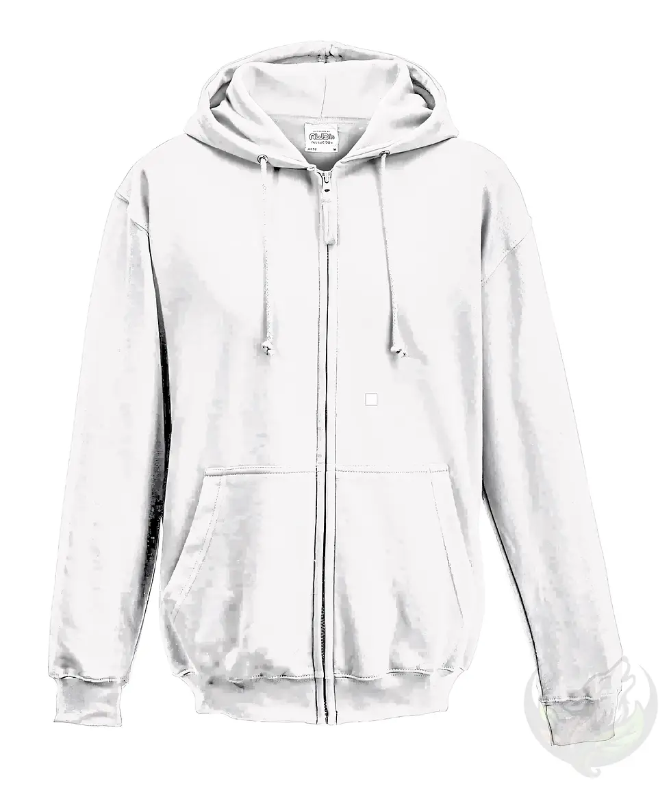 Thumbnail: White unisex zip-up zoodie with front pocket and drawstring hood.