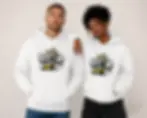 Couple wearing white unisex hoodies featuring a bold angry graffiti banana design.
