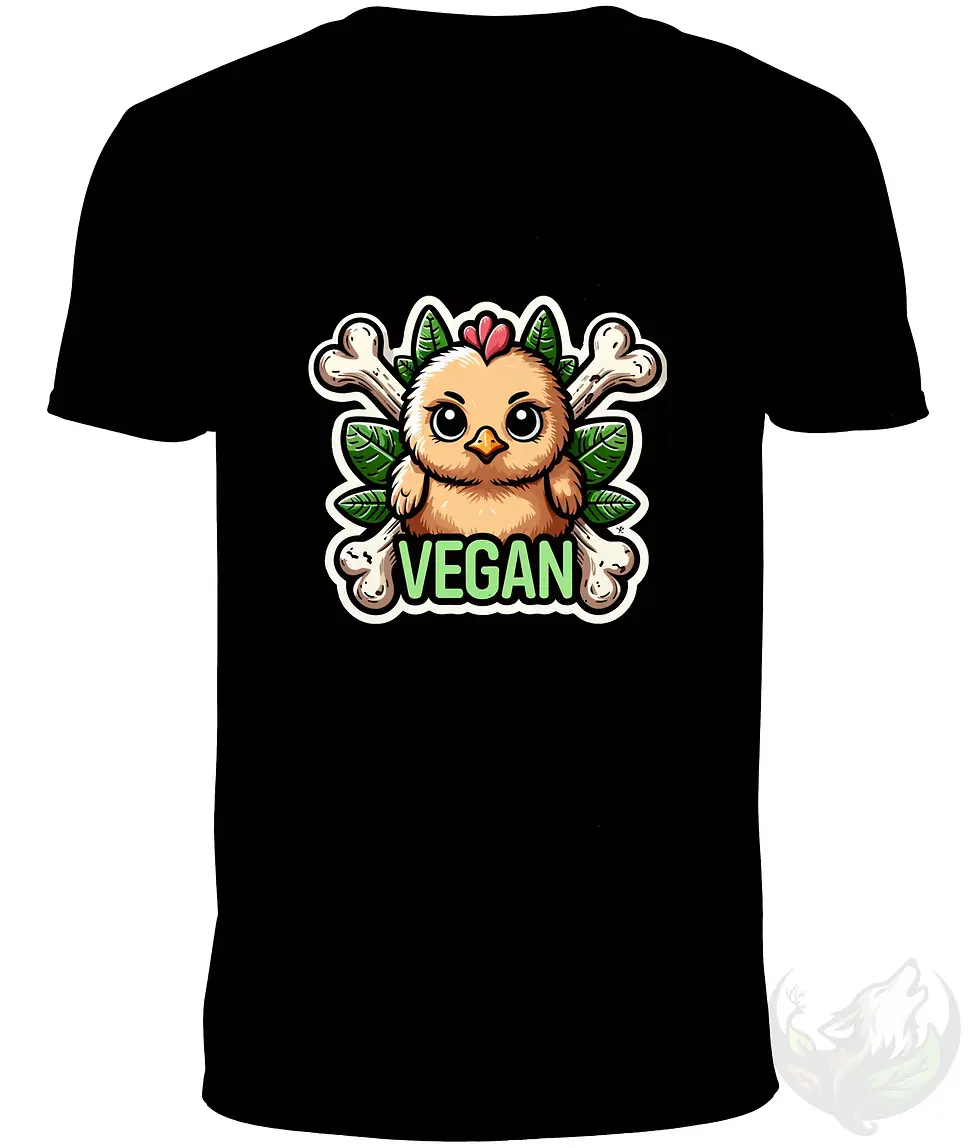 Thumbnail: Black V-neck unisex t-shirt flat lay with "Vegan" chick bones spooky vegan illustration.