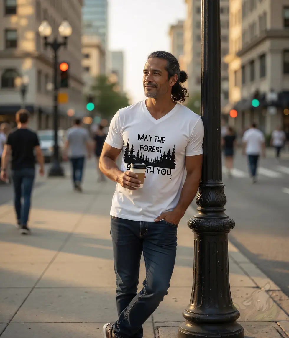 Thumbnail: May The Forest Be With You white v neck t shirt urban lifestyle photo with stylish man in city coffee shop streetwear outdoor