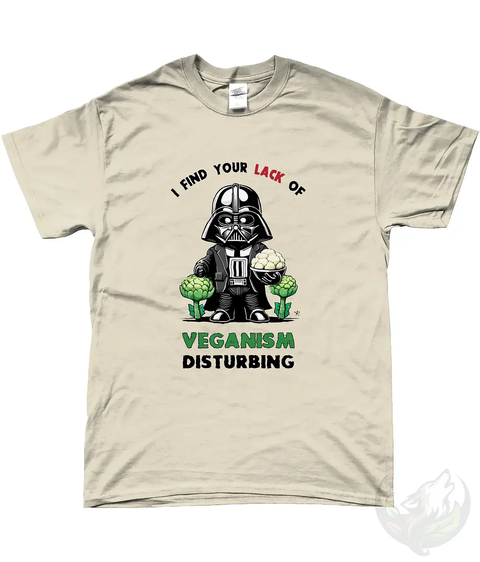 Thumbnail: Natural unisex t-shirt flat lay with cartoon Darth Vader holding cauliflower, "I Find Your Lack Of Veganism Disturbing" text.
