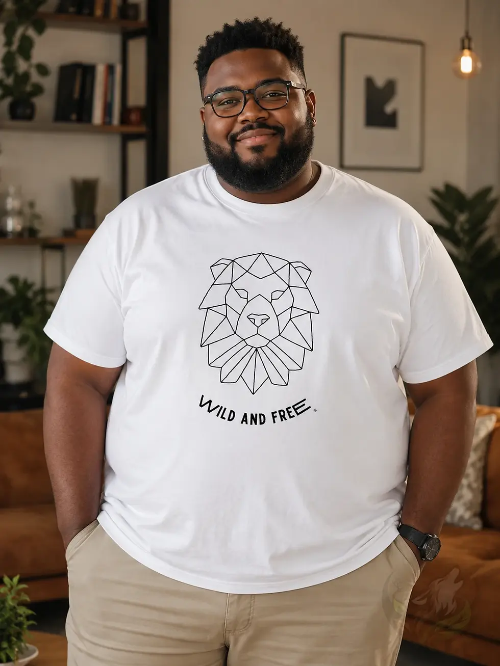 Plus size Black man wearing a white shirt with geometric lion Wild and Free design