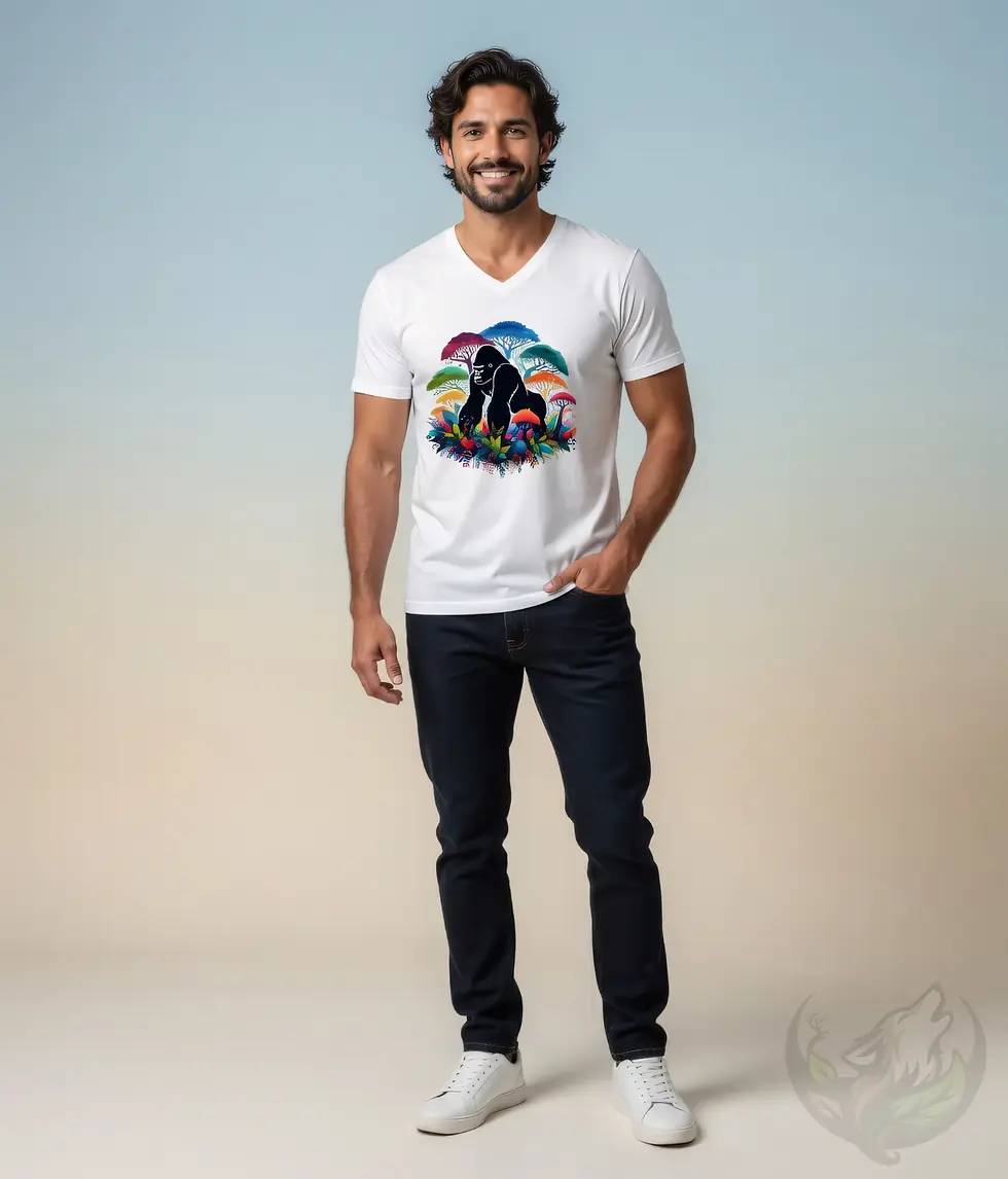 Thumbnail: White V-neck t-shirt on smiling man with dark curly hair, colorful gorilla jungle "Wild and Free" design.