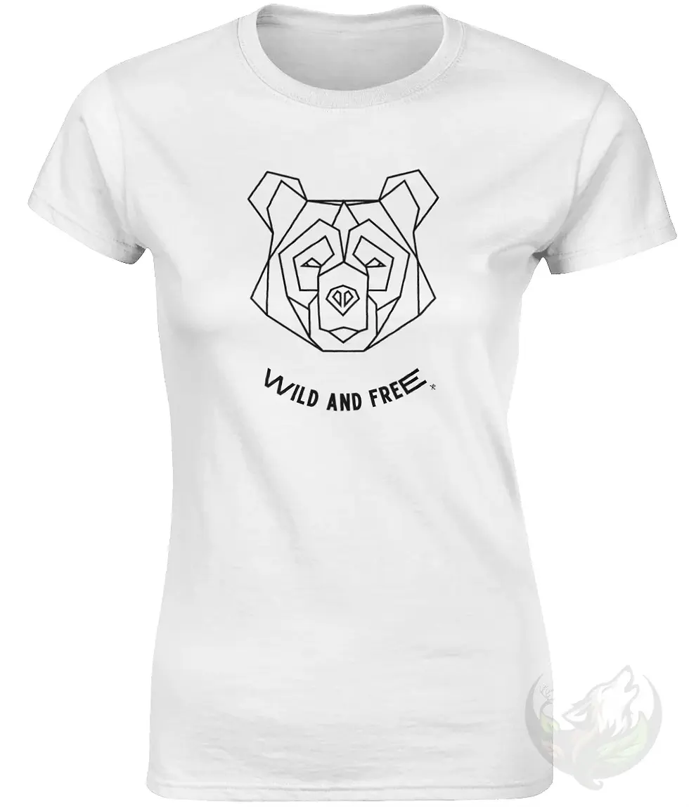 Thumbnail: White fitted tee with geometric bear Wild and Free design displayed on a clean, high‑quality mockup background.