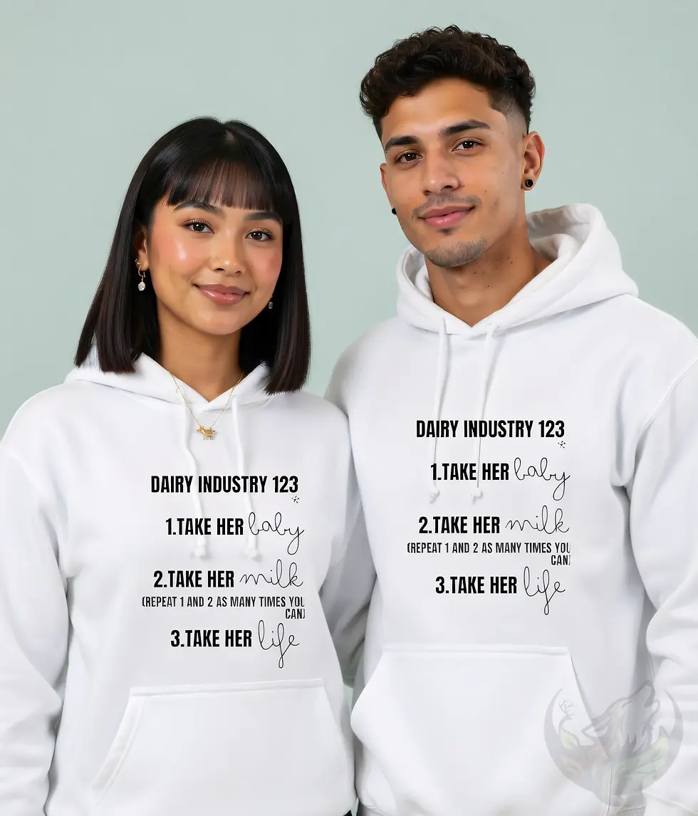 Couple wearing white unisex vegan Dairy 1 2 3 quote hoodies featuring the Dairy 1 2 3 animal rights design