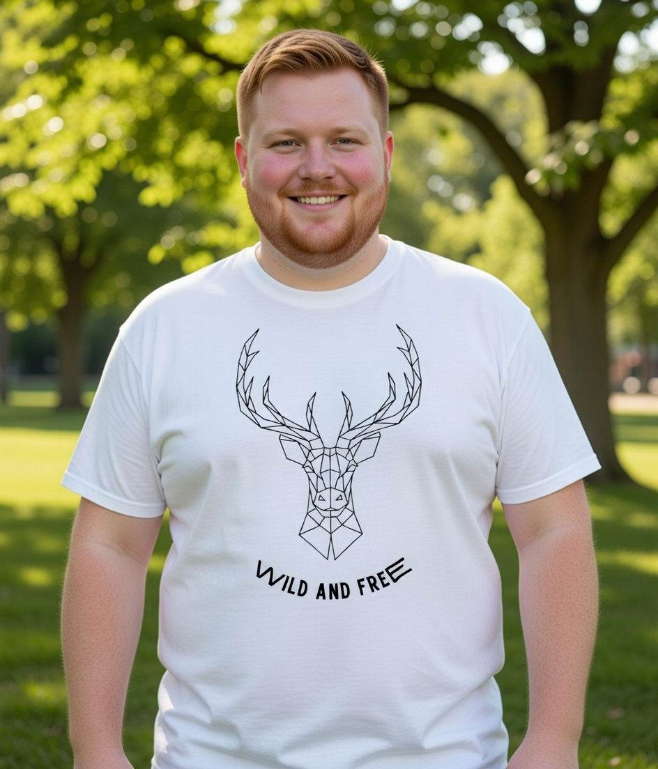 plus size wild and free deer lifestyle – white shirt with geometric deer line art and wild and free text in a green outdoor s